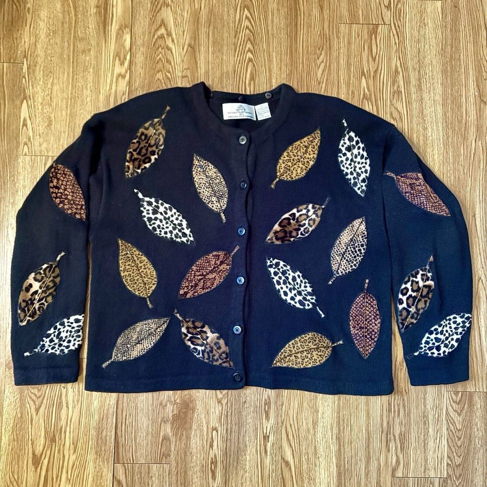 Design Options Philip Jane Gordon Sz L Black Cardigan‎ Sweater W Feathers Native